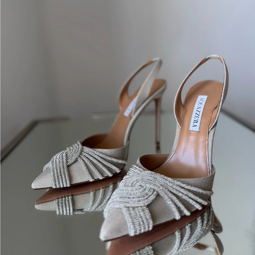 New AQUAZZURA Gatsby 105 crystal-embellished metallic canvas slingback pumps - Picture 13 of 13